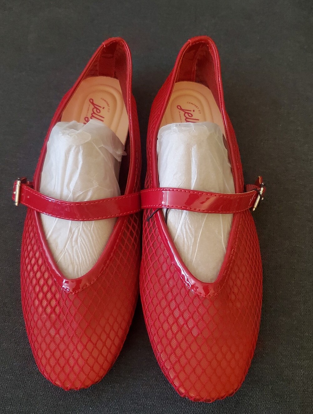 Red Mary Jane Flats with Textured Mesh Finish
